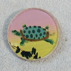 Reverse Painted Turtle On Glass Metal Shank Collectors Button